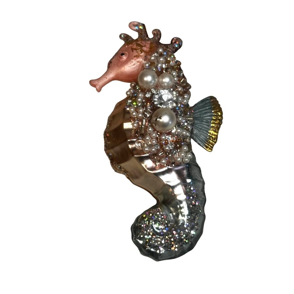 Nautical Coastal Pink Gold Seahorse Ornament Glitter Pearls Holiday Christmas